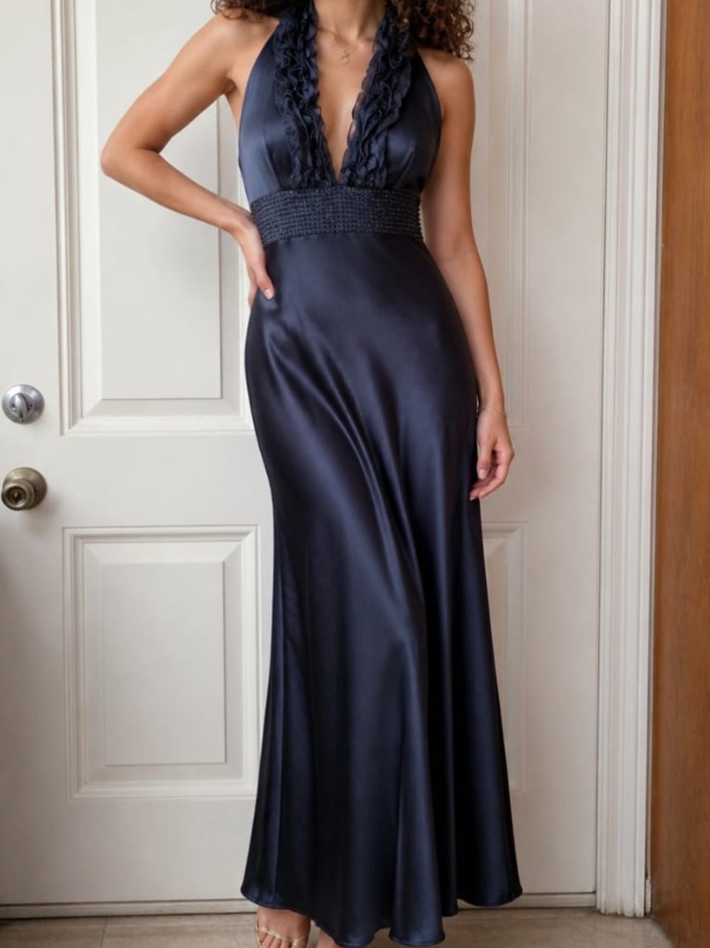 Y2K Adrianna Papell Midnight Blue Satin Halter Gown
